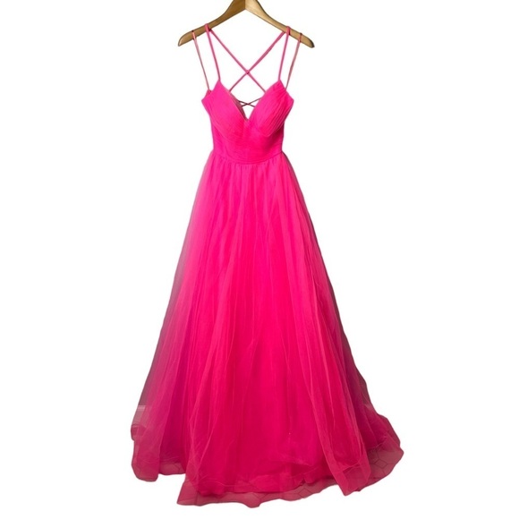 La Femme Neon Light Tulle Gown Bright Pink Size 4 Side Pockets Leg Slit Prom - Picture 4 of 11